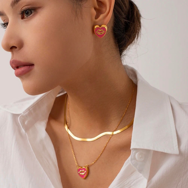 Gold Plated Pink Enamel Heart Pendant Necklace