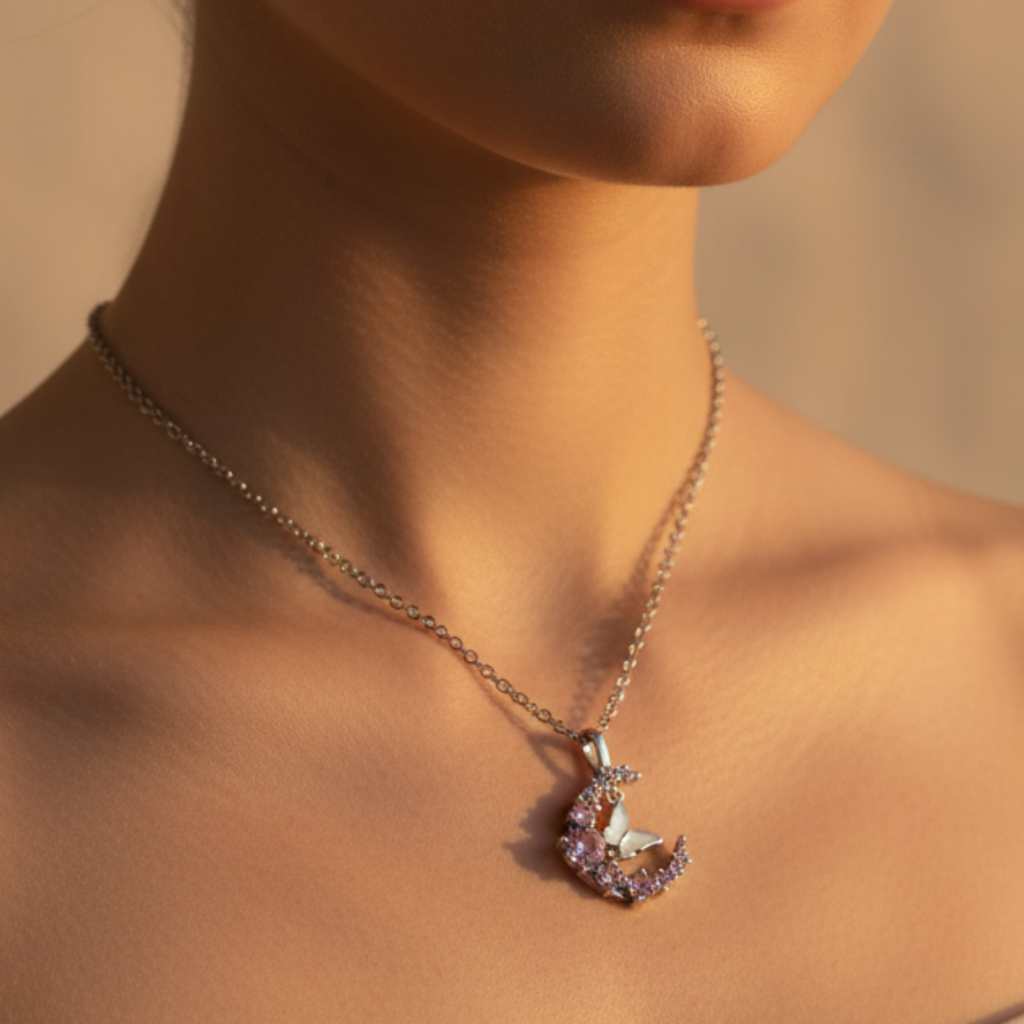 Crescent Moon With Butterfly Necklace