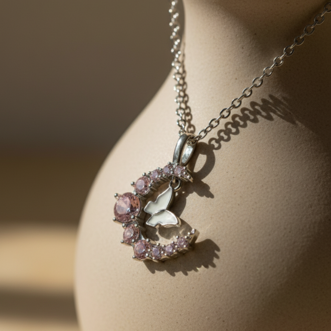 Crescent Moon With Butterfly Necklace
