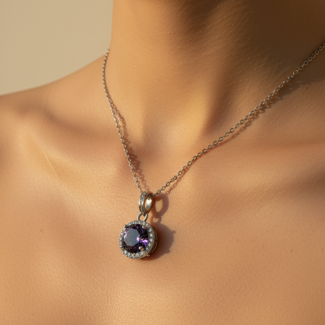 Radiant Violet Zircon Pendant Necklace