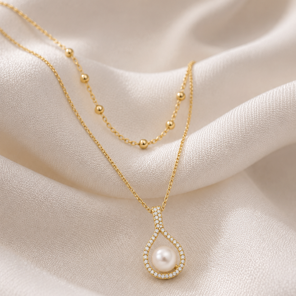 Golden Pearl Teardrop Necklace