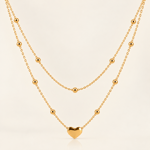 Beaded Chain With Gold Puff Heart Necklace