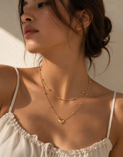 Beaded Chain With Gold Puff Heart Necklace