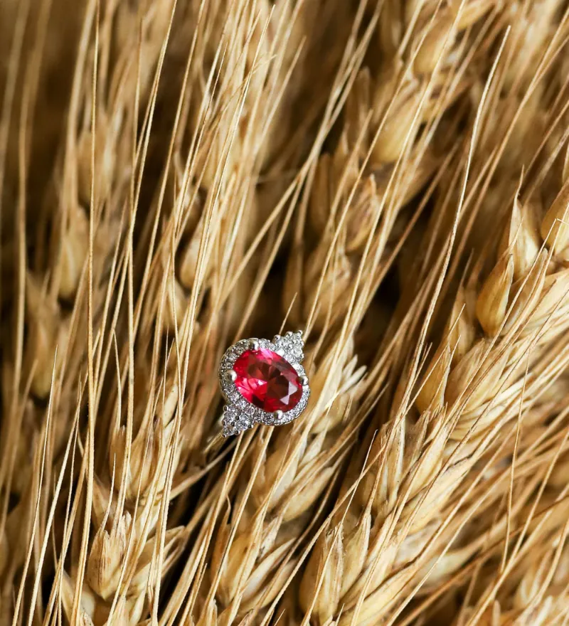 Oval Red Zircon Halo Ring