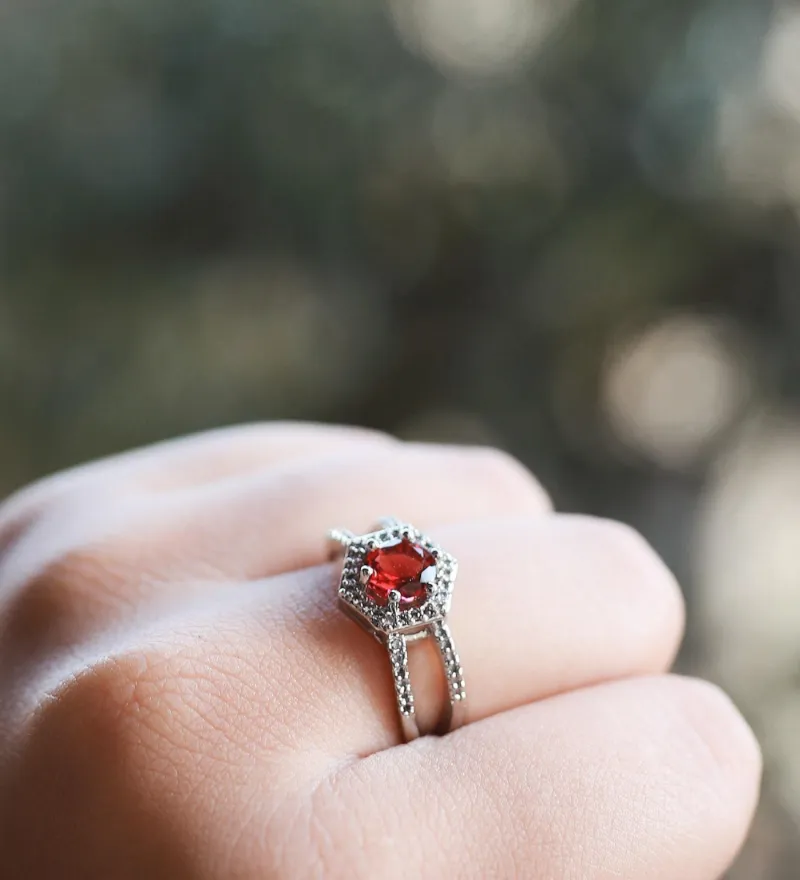 Hexagonal Red Zircon Ring