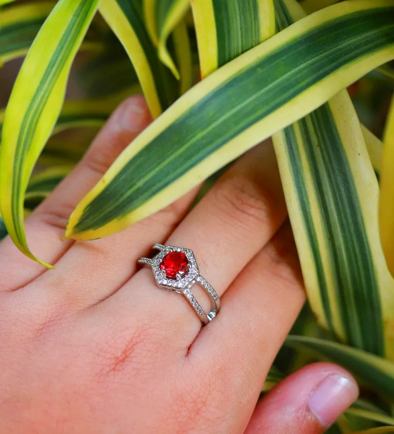 Hexagonal Red Zircon Ring