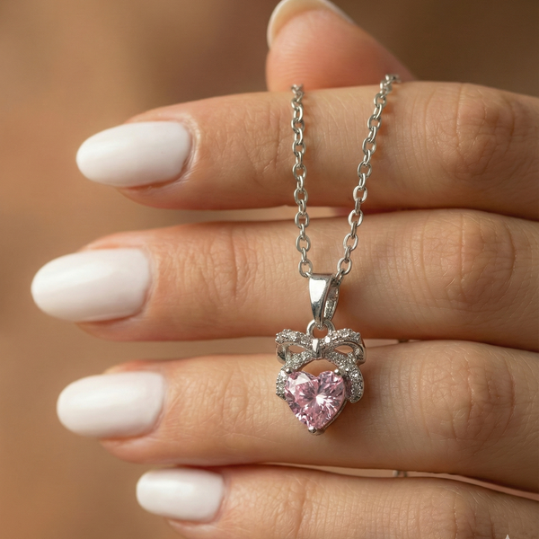 Rhodium-Plated Pink Zircon Heart Diamond Necklace