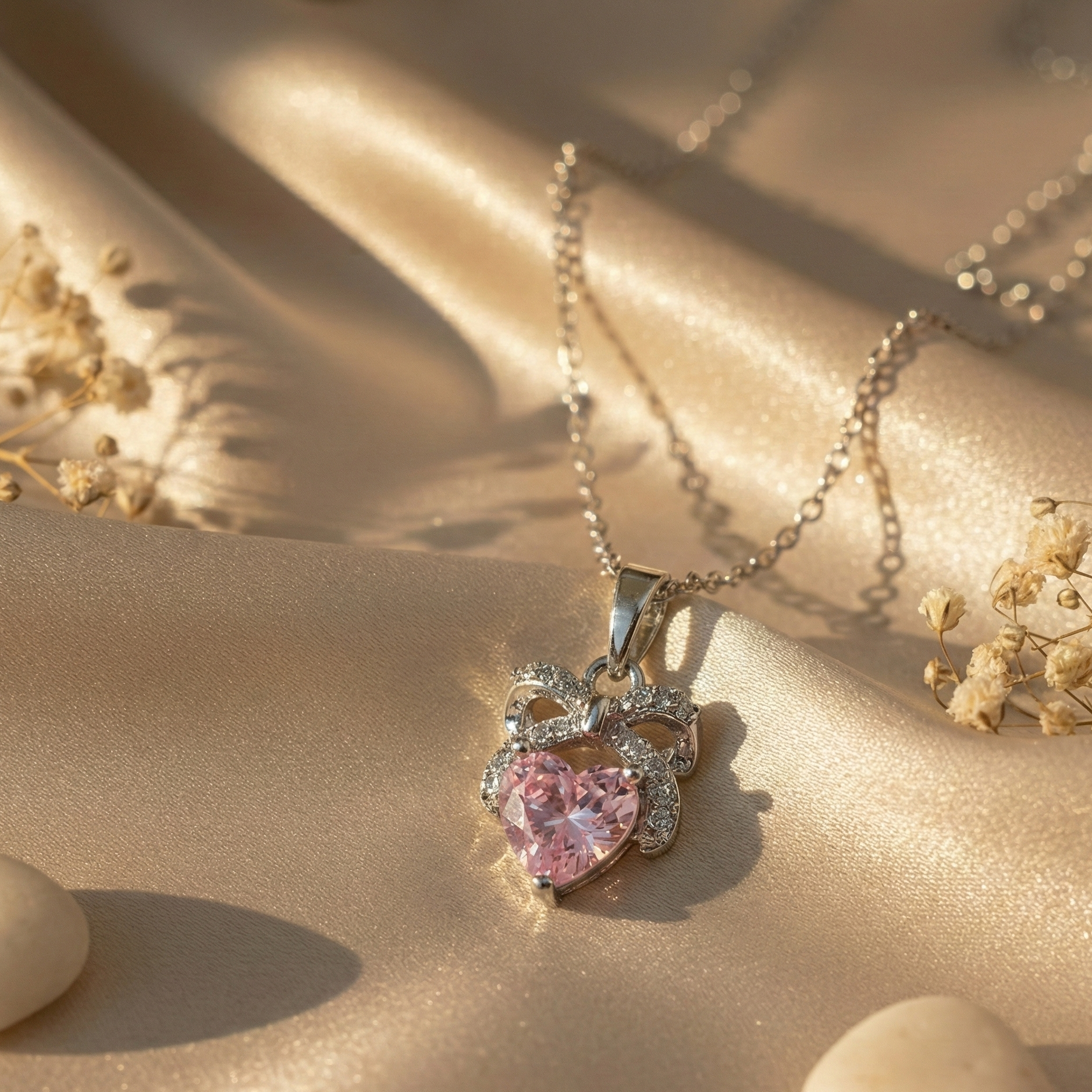 Rhodium-Plated Pink Zircon Heart Diamond Necklace