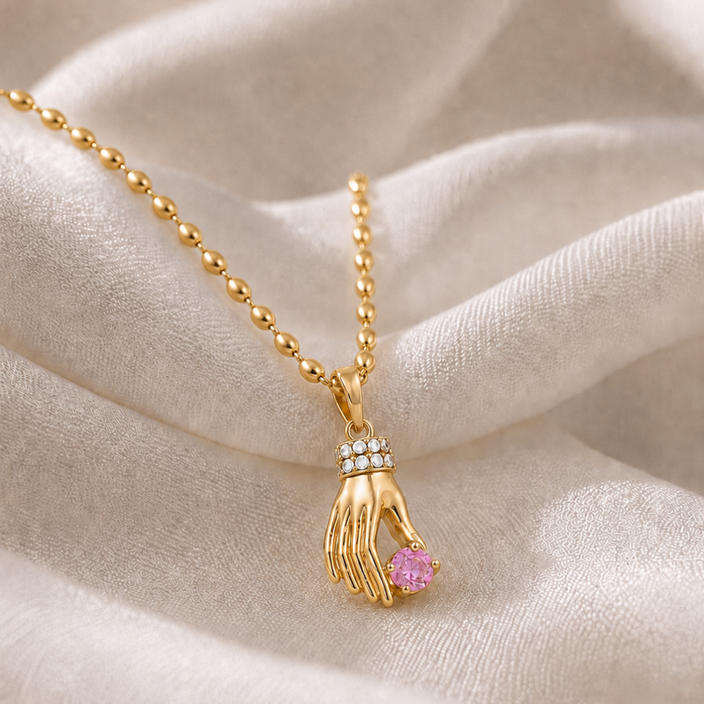 Pink Gem Hand Charm Necklace
