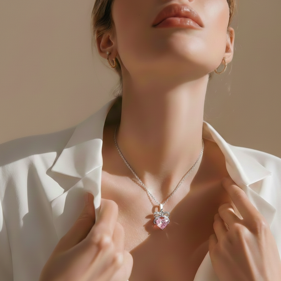 Rhodium-Plated Pink Zircon Heart Diamond Necklace