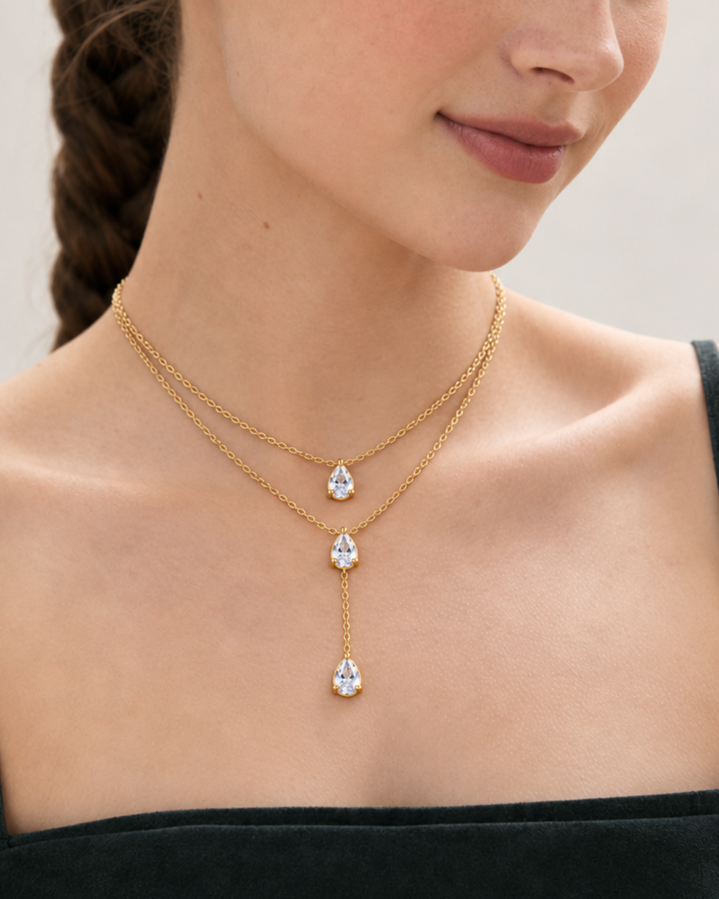 Double Layer Pear Necklace - 18k Gold ( Demi Fine )