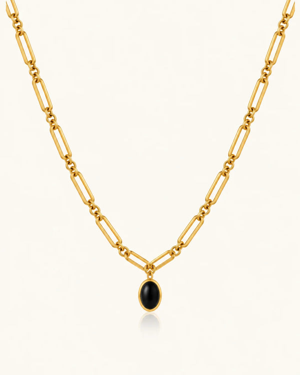 Black Stone Link Necklace - 18k Gold ( Demi Fine )