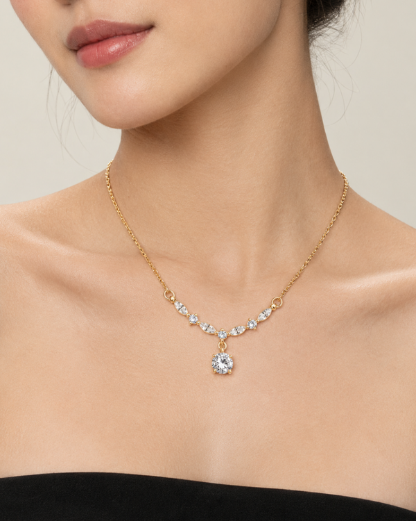 Crystal Curve Drop Necklace - 18k Gold ( Demi Fine )