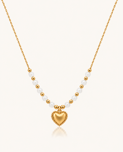 Pearl Bead Heart Necklace - 18k Gold ( Demi Fine )