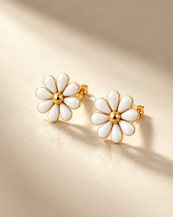 White Daisy Earrings - 18k Gold ( Demi Fine )