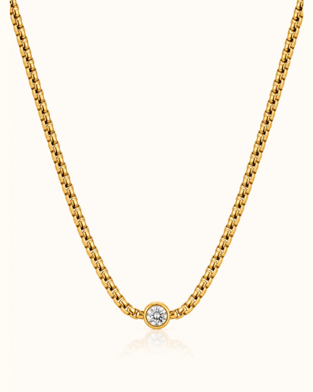 Box Chain Solitaire Necklace - 18k Gold ( Demi Fine )