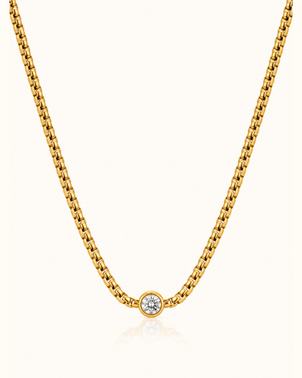 Box Chain Solitaire Necklace - 18k Gold ( Demi Fine )