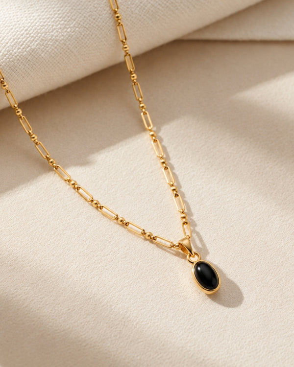 Black Stone Link Necklace - 18k Gold ( Demi Fine )