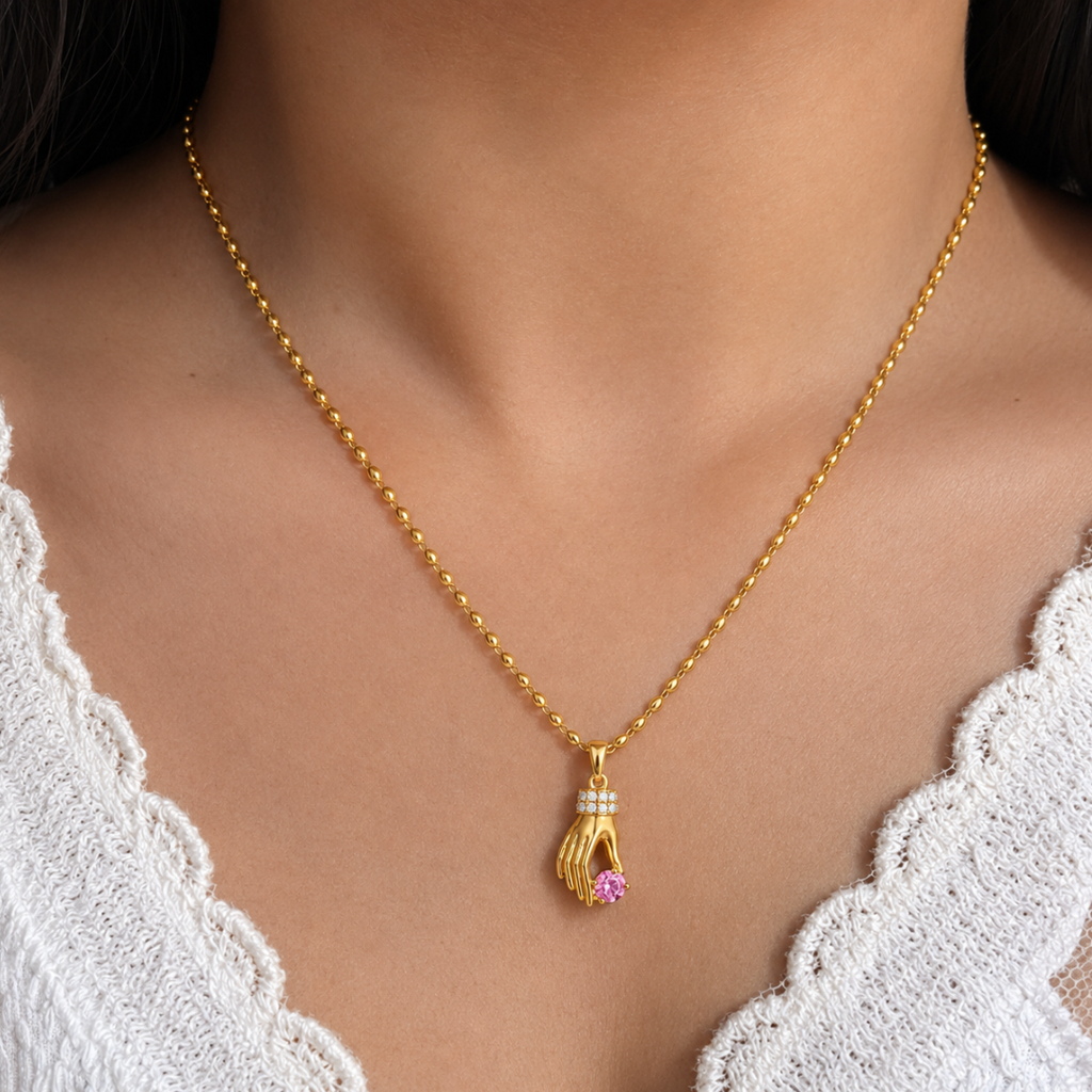 Pink Gem Hand Charm Necklace