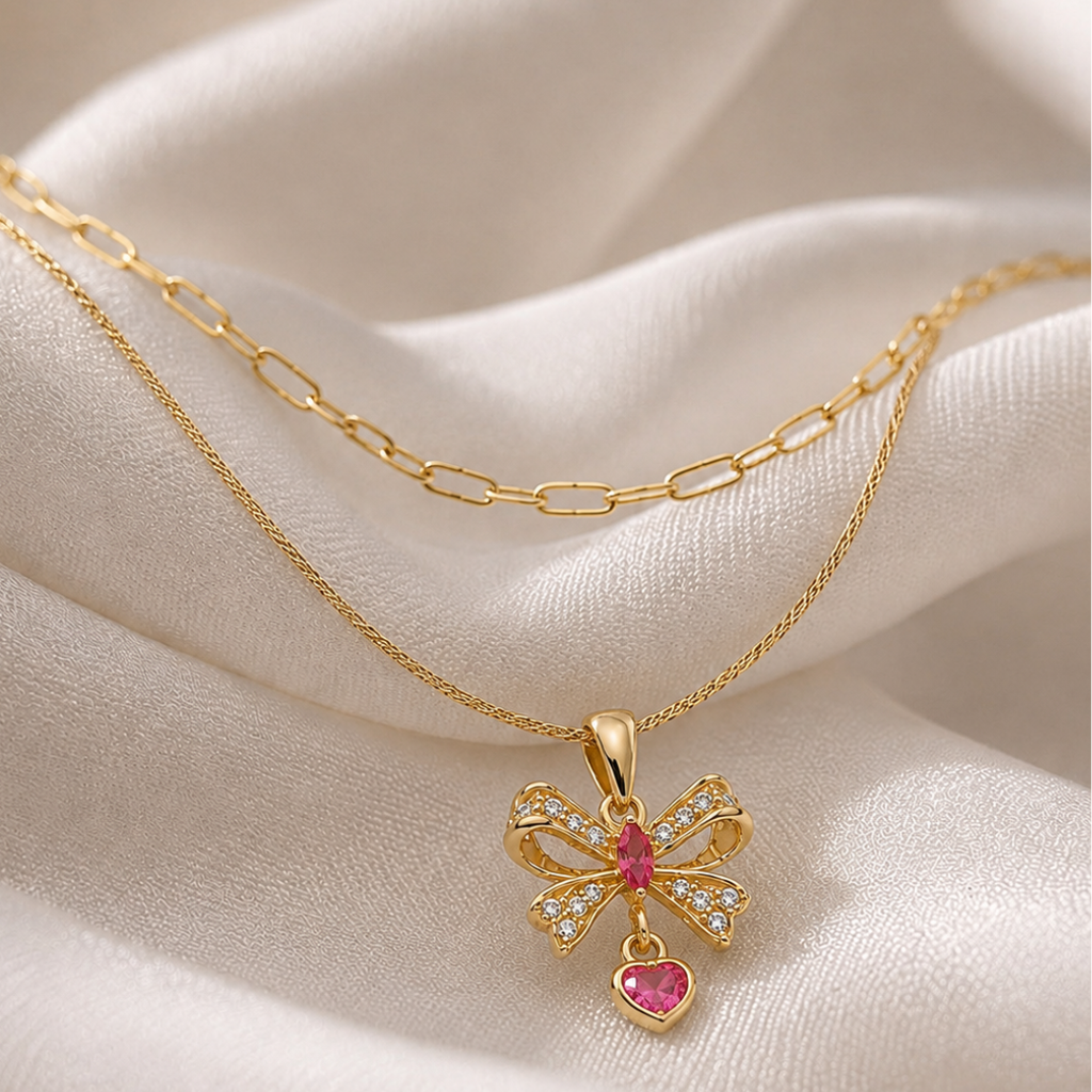 Pink Bow Heart Layered Necklace