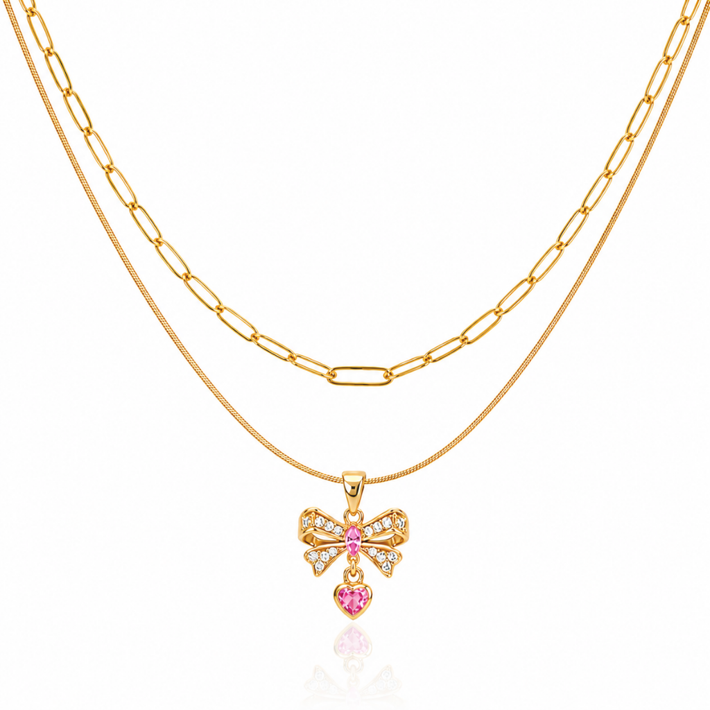 Pink Bow Heart Layered Necklace