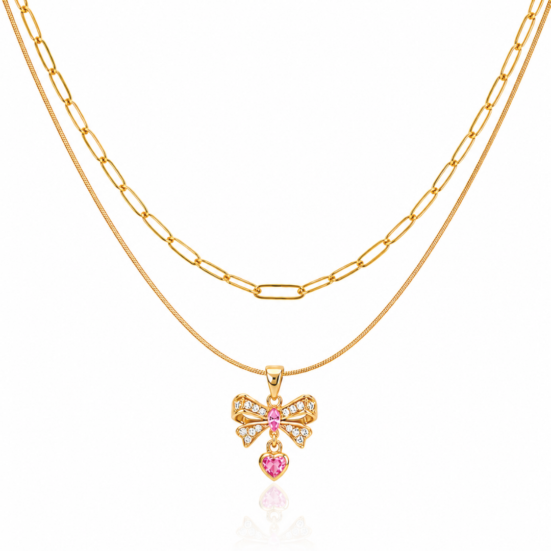 Pink Bow Heart Layered Necklace
