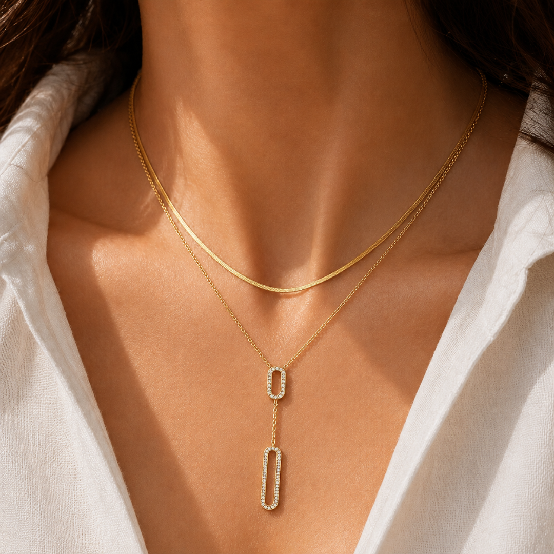 Golden Oval Drop Layered Necklace